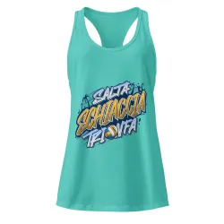 canotta sportiva donna DRACONES blu Tahiti “Salta, Schiaccia, Trionfa” vista frontale, design Kentangraff