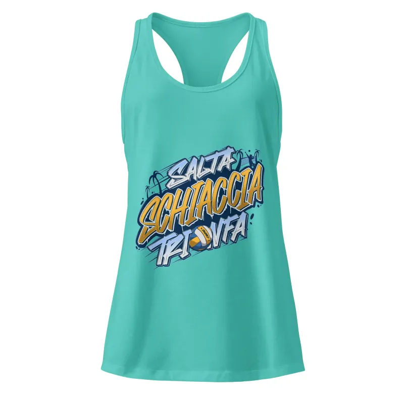 canotta sportiva donna DRACONES blu Tahiti “Salta, Schiaccia, Trionfa” vista frontale, design Kentangraff