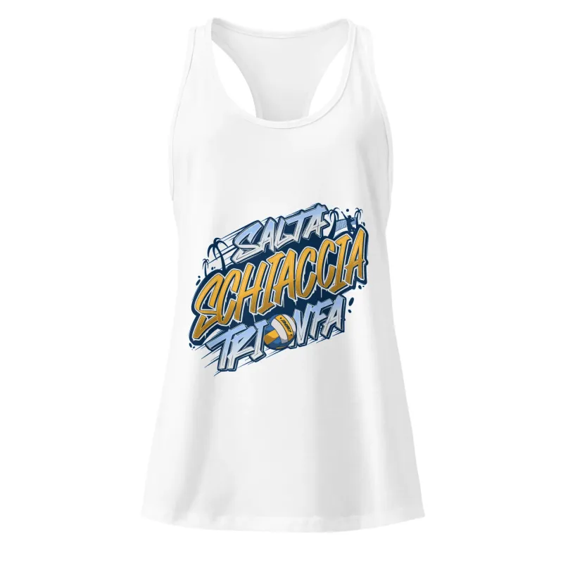 DRACONES women’s white sports tank top “Jump, Spike, Triumph” front view, Kentangraff design