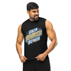 T-shirt smanicata DRACONES nera “Salta, Schiaccia, Trionfa” indossata da uomo, design Kentangraff vista frontale