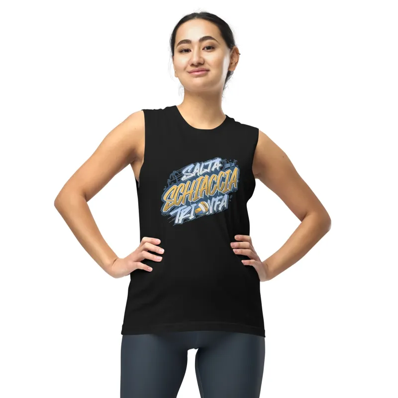 DRACONES black sleeveless t-shirt “Jump, Spike, Triumph” worn by woman, Kentangraff design front view