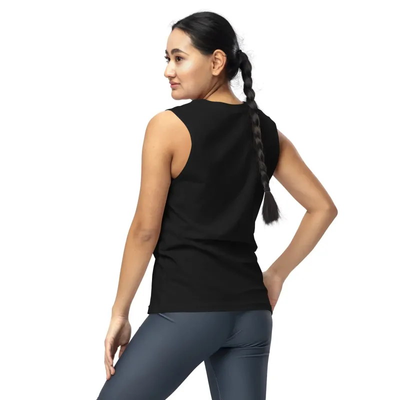 T-shirt smanicata DRACONES nera indossata da donna, vista posteriore regular fit