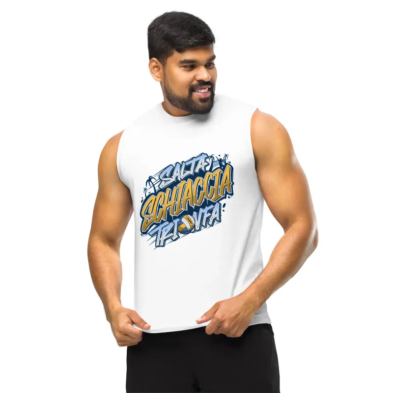 DRACONES white sleeveless t-shirt “Jump, Spike, Triumph” worn by man, Kentangraff design front view