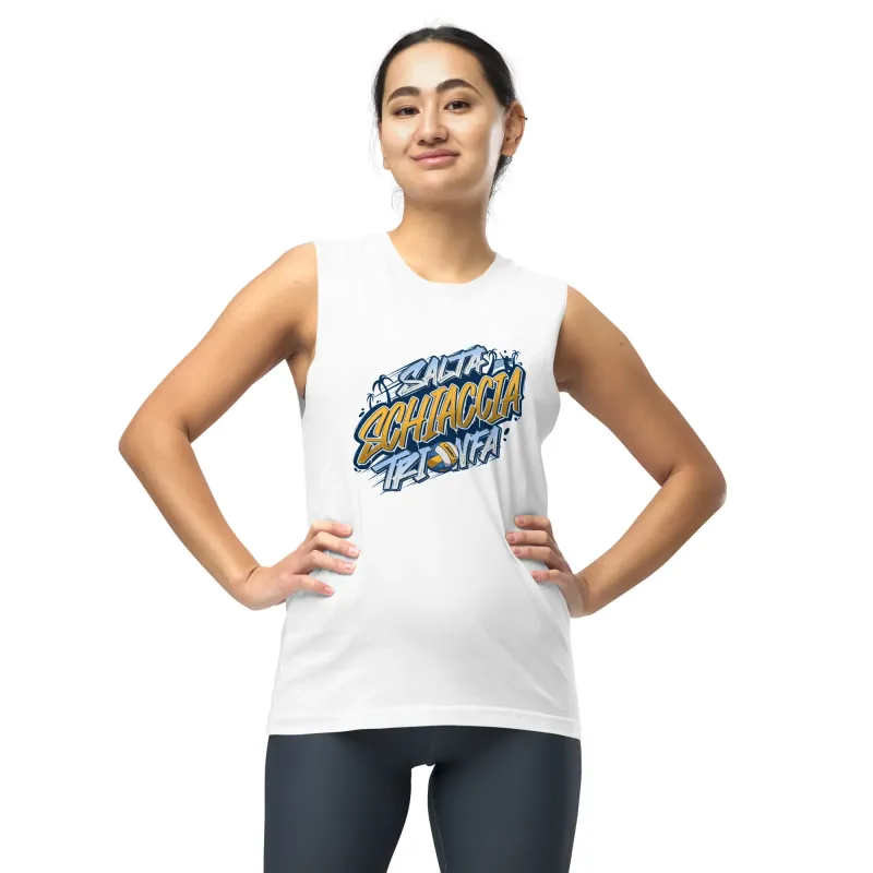 DRACONES white sleeveless t-shirt “Jump, Spike, Triumph” worn by woman, Kentangraff design front view