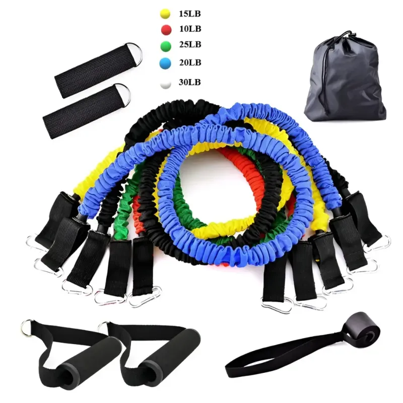 Kit elastici fitness 11 pezzi con maniglie, cavigliere, bande colorate e borsa