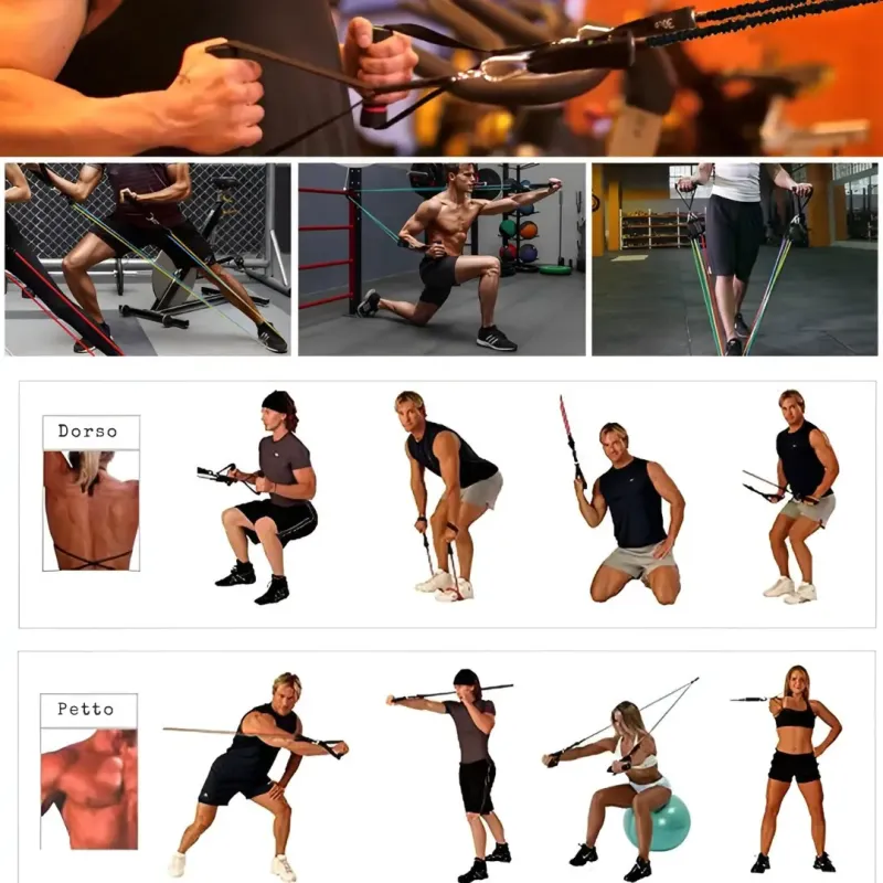 Esempi di esercizi con elastici fitness per petto, dorso e gambe