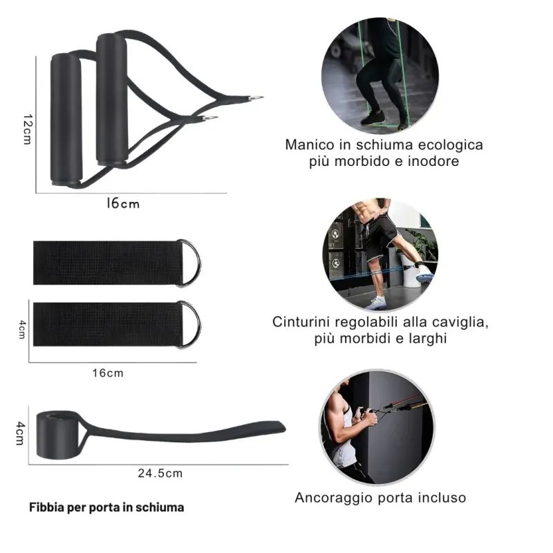 Technical details: measurements of handles, ankle straps and door anchor