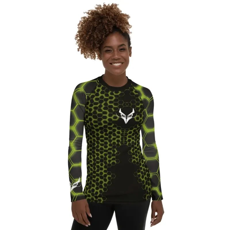 Rashguard sportiva donna con motivo a esagoni e logo DRACONES