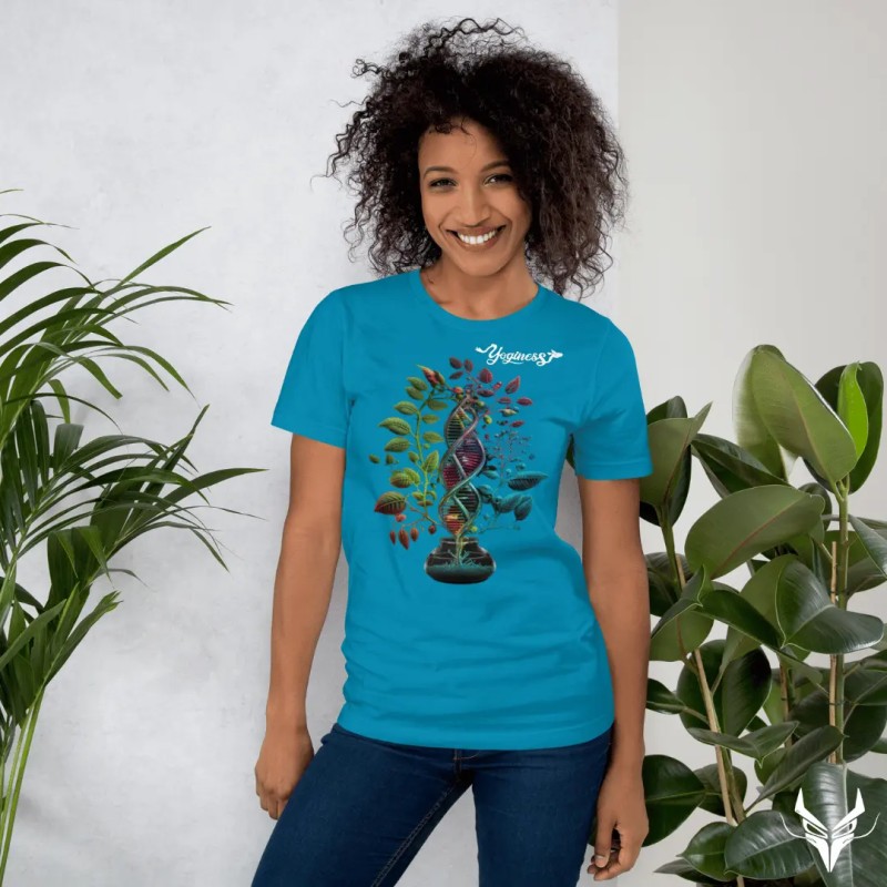 Maglietta Yoginess 'Life Alchemy' nel rinfrescante colore acqua, che incarna il flusso della vita e l'armonia naturale.