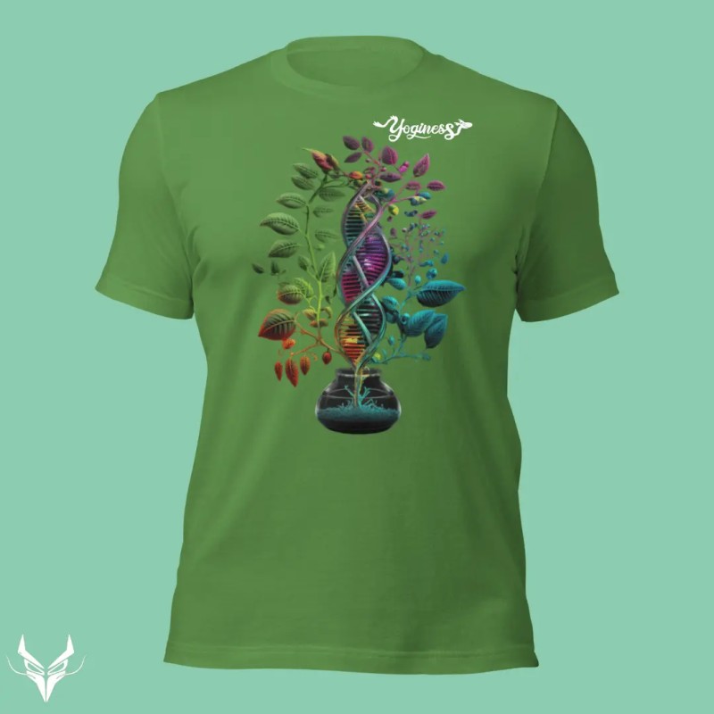Yoginess presenta la t-shirt 'Life Alchemy' in verde foglia, un capo che celebra la biodiversità e la bellezza del DNA.
