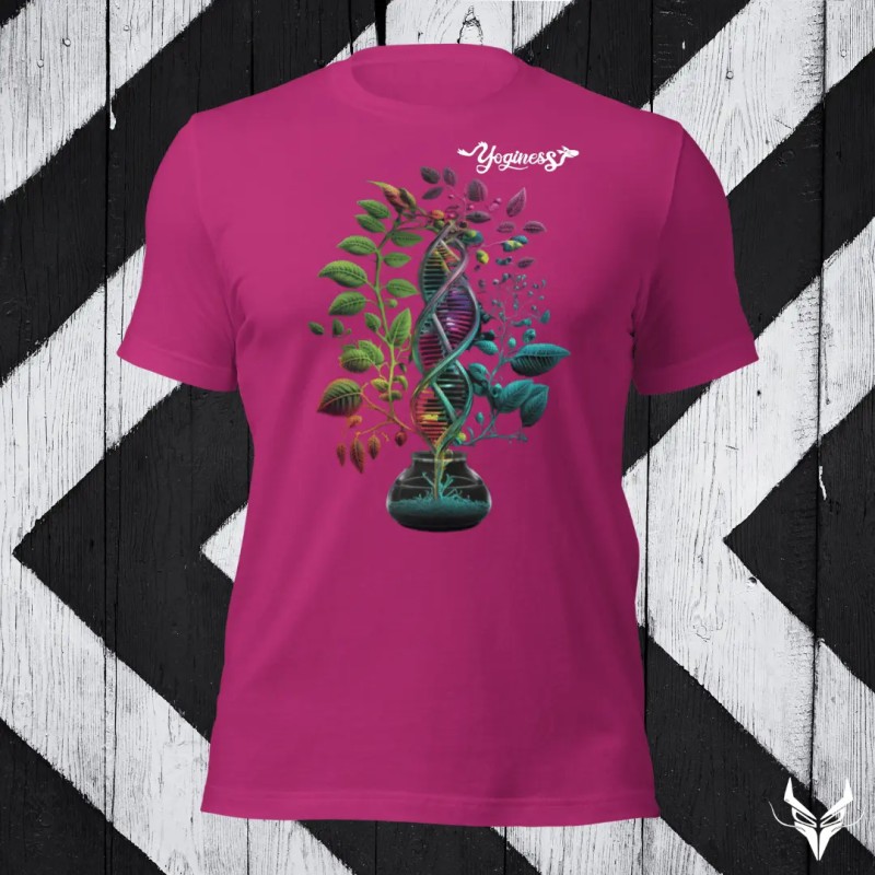 Maglietta 'Life Alchemy' colore bacca di Yoginess su modello, simbolo di equilibrio tra vita e stile.