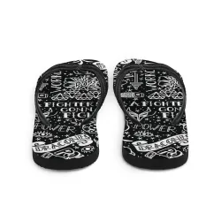 DRACONES InkBlaze Shadow flip-flops – front view with black and white graffiti print