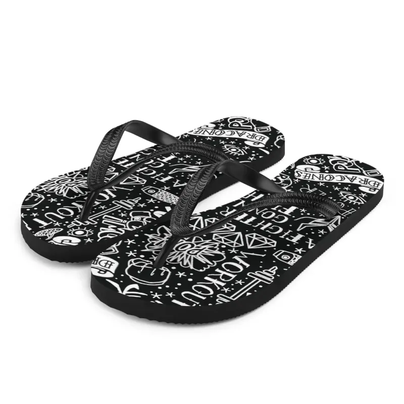 Urban-style flip-flops – side detail with black strap and InkBlaze design