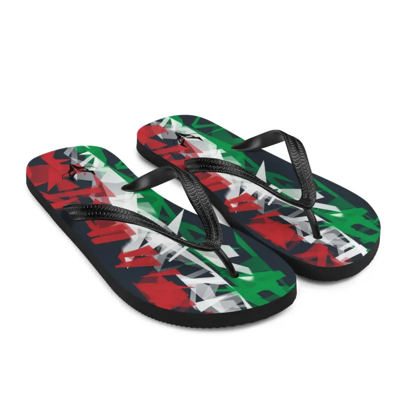 Infradito Flagstorm Italia disposte con prospettiva frontale e stampa patriottica in rosso, bianco e verde