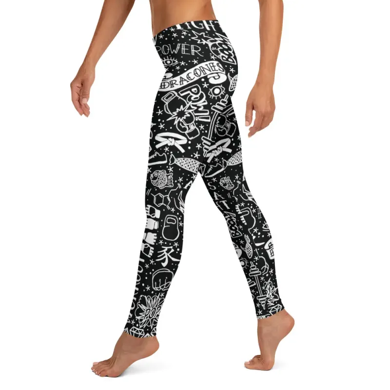Leggings a vita alta DRACONES InkBlaze Shadow con grafica motivazionale all-over in bianco e nero