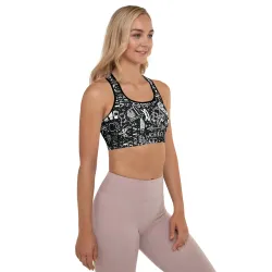 DRACONES InkBlaze Shadow sports bra with black and white graffiti print, worn by model in side pose