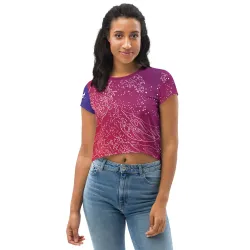 Model wearing Yugen Horizon crop tee, front view with Japanese art design