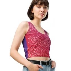 Side-front view of the Yugen Horizon crop top worn, featuring red and purple Japanese print