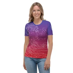 Model wearing Yugen Horizon t-shirt with Japanese wave and starry sky print