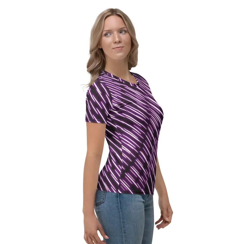 Side profile of model wearing the NeonStride tee – sporty feminine cut