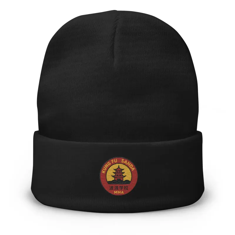 Scuola delle Onde embroidered beanie – front view with red and yellow patch.