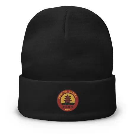 Scuola delle Onde embroidered beanie – front view with red and yellow patch.