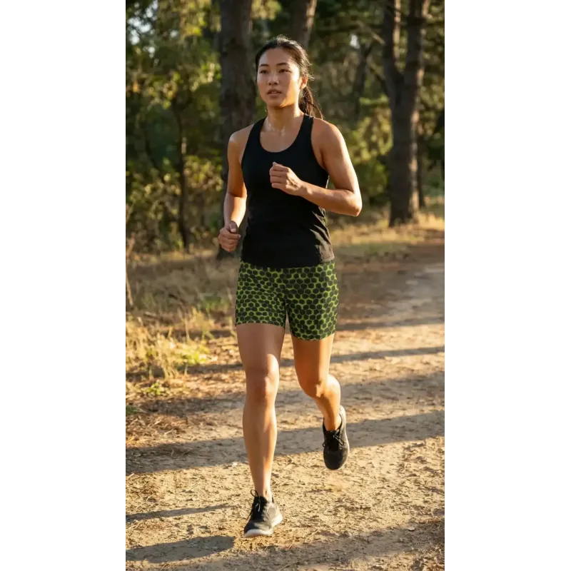 Women’s HexaPulse performance shorts worn for outdoor running on a natural trail