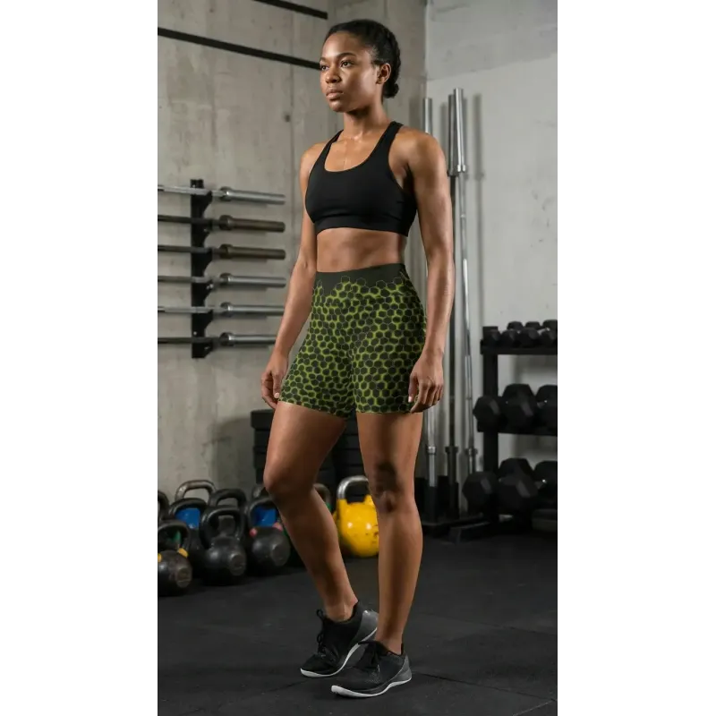 Short sportivi donna HexaPulse indossati durante allenamento di forza in palestra, modello completo a figura intera