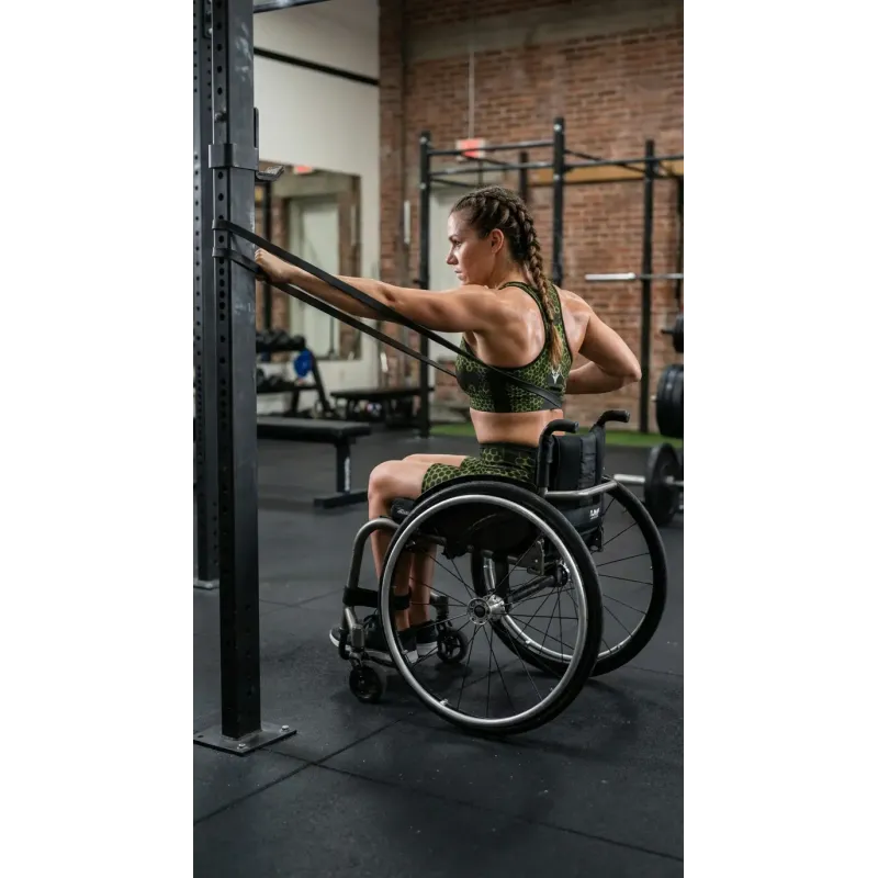 Women’s HexaPulse top and shorts bundle worn during adaptive training in a gym