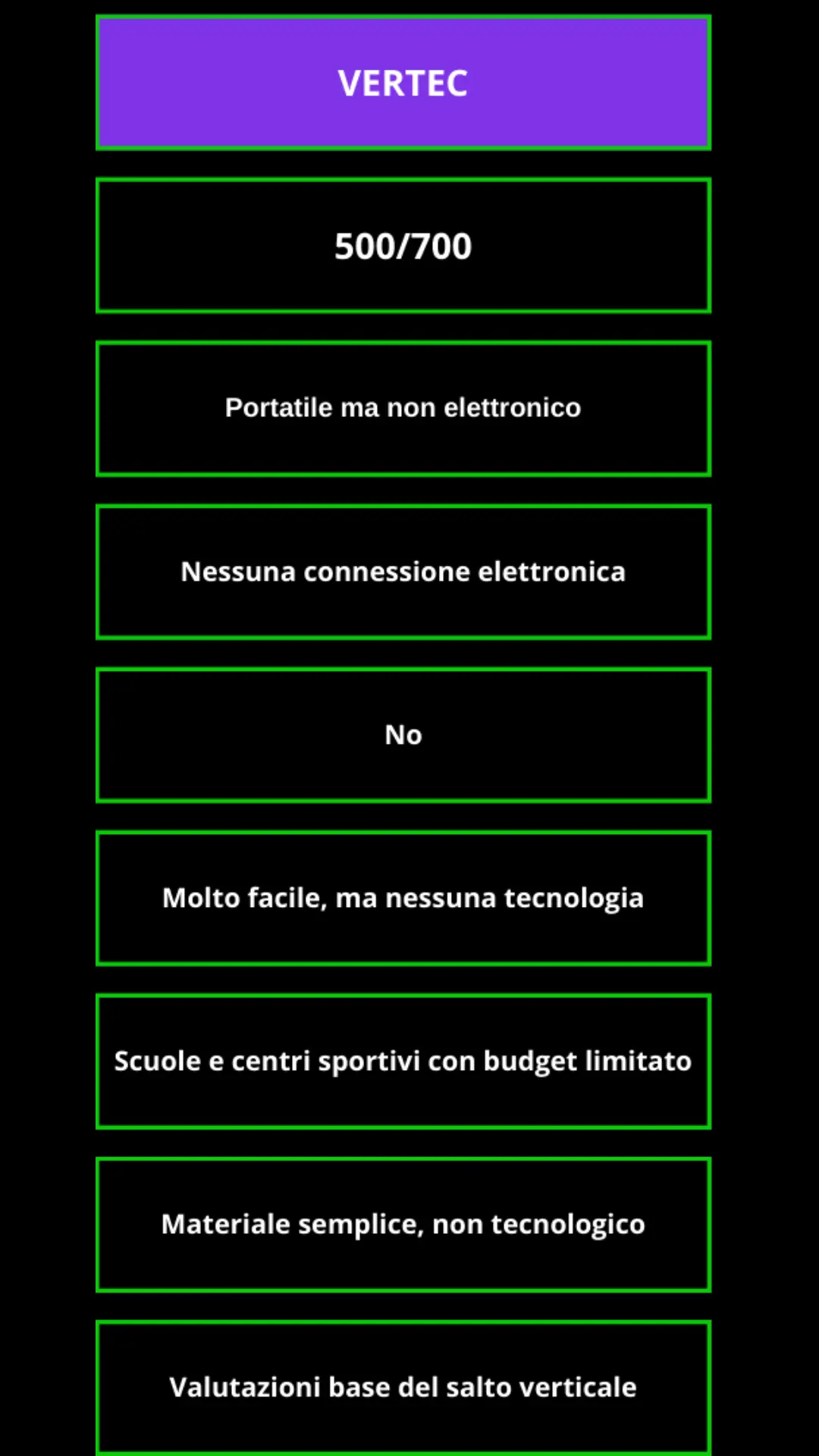 Tabella comparativa delle caratteristiche del sistema Vertec per la misurazione del salto.