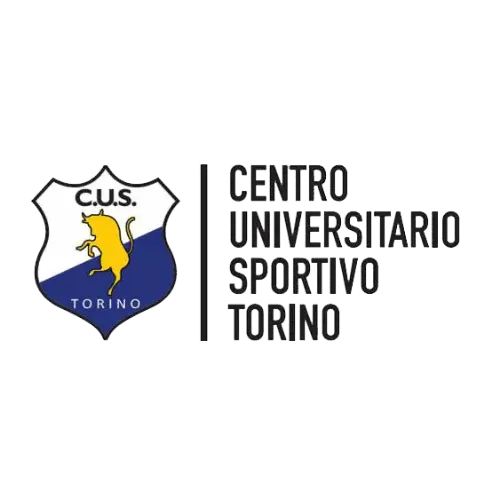Logo del CUS Torino con scudo e leone giallo su sfondo bianco e blu, simbolo del Centro Universitario Sportivo di Torino