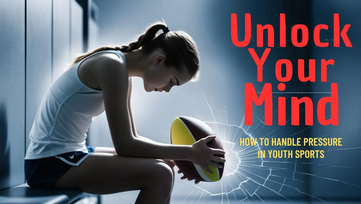 Giovane atleta seduta negli spogliatoi con un pallone in mano, sguardo concentrato e atmosfera intensa, grafica “Unlock Your Mind” a lato.