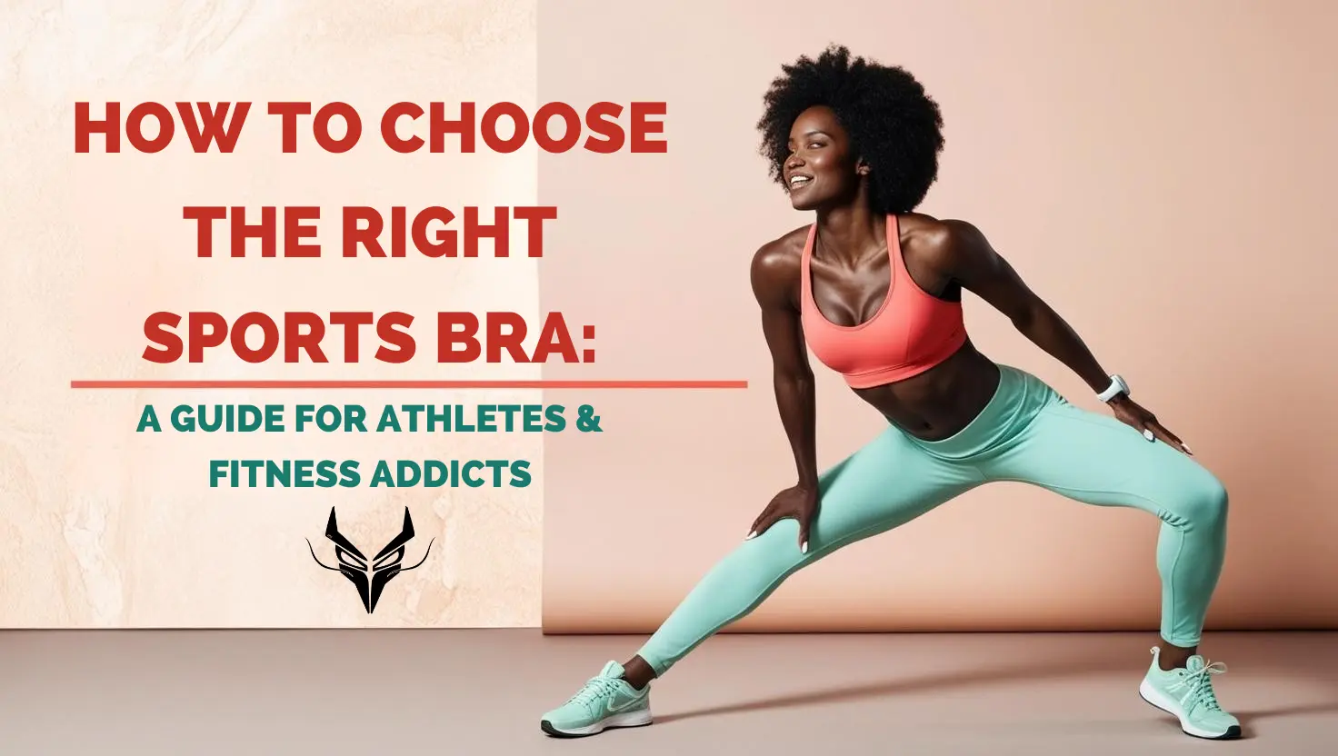 Copertina articolo – Come scegliere il reggiseno sportivo giusto Donna afrodiscendente in abbigliamento sportivo che si allena indossando un reggiseno sportivo color corallo, con il titolo dell’articolo “Come scegliere il reggiseno sportivo giusto: guida per atlete e fitness addicted”