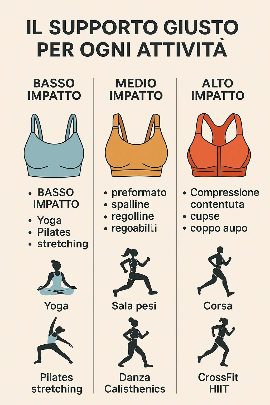 Infografica DRACONES – Tipi di reggiseno sportivo in base all’attività Infografica con tre tipi di reggiseno sportivo (basso, medio e alto impatto) e le relative attività: yoga, sala pesi, corsa, HIIT, ecc.