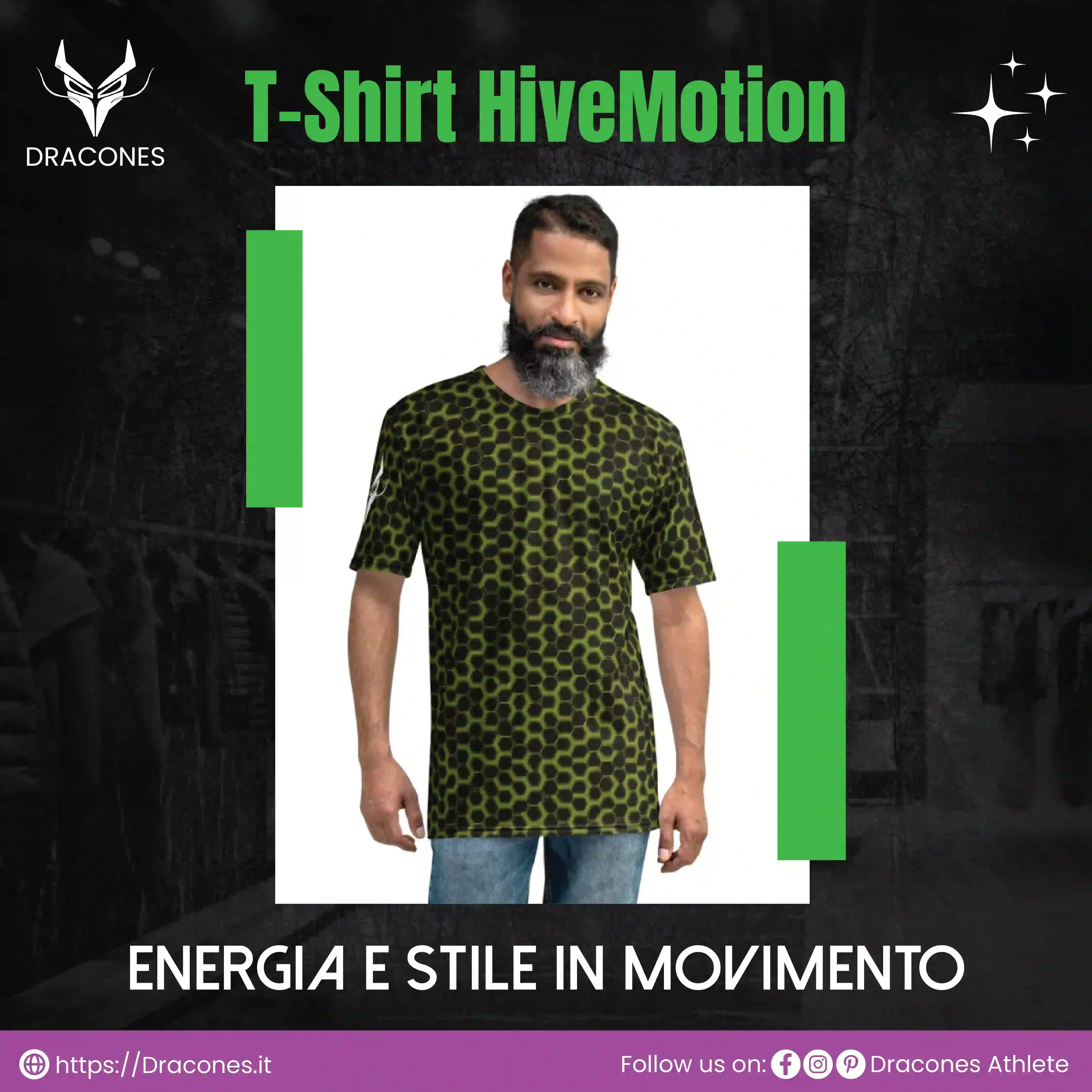 Uomo che indossa la T-Shirt HiveMotion, caratterizzata da un design dinamico e moderno con motivo a nido d'ape. Perfetta per chi cerca stile e performance nel proprio outfit sportivo.