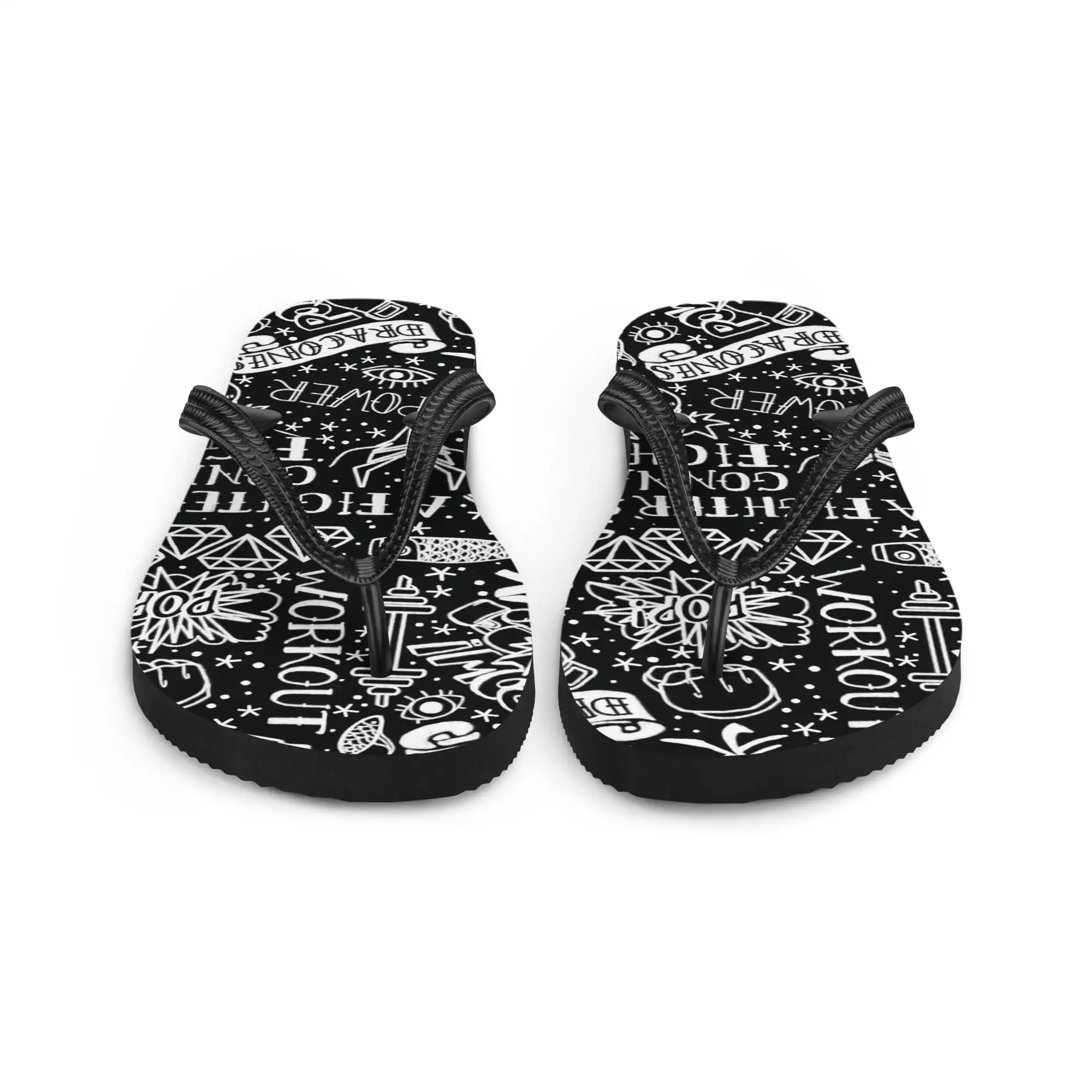 Infradito InkBlaze Shadow – Vista Frontale Infradito DRACONES con stampa graffiti bianco e nero e frase "A Fighter’s Gonna Fight"
