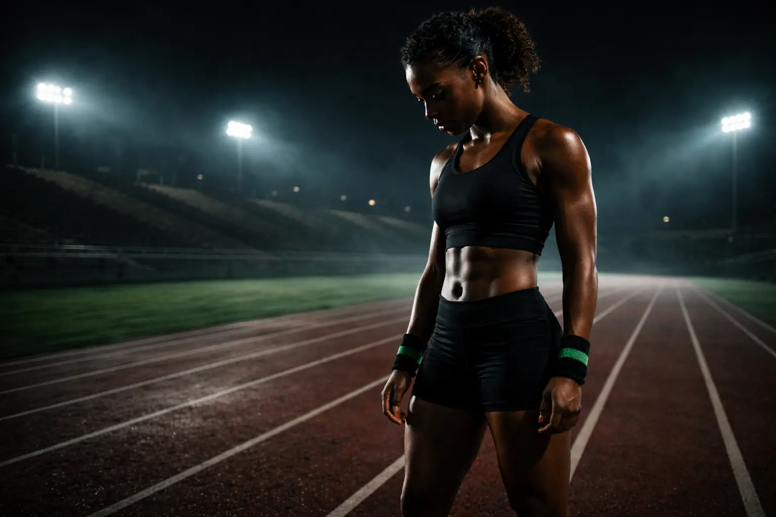 Ogni percorso inizia da una scelta Atleta concentrata su una pista di atletica durante un allenamento notturno, simbolo di disciplina, crescita e percorso sportivo
