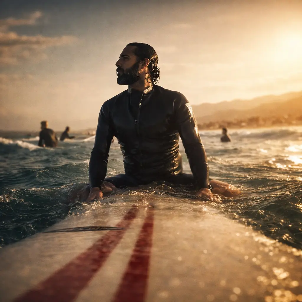 Marco Scalia tra le onde al tramonto Marco Scalia seduto sulla tavola da surf al tramonto, momento contemplativo legato alla nascita della Scuola delle Onde