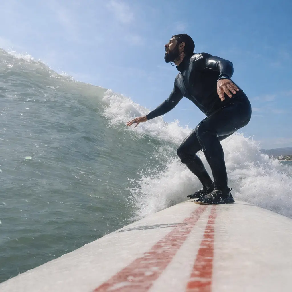 Marco Scalia surf – La filosofia dell’onda Marco Scalia mentre cavalca un’onda in surf, simbolo della filosofia Be Water e dell’approccio della Scuola delle Onde