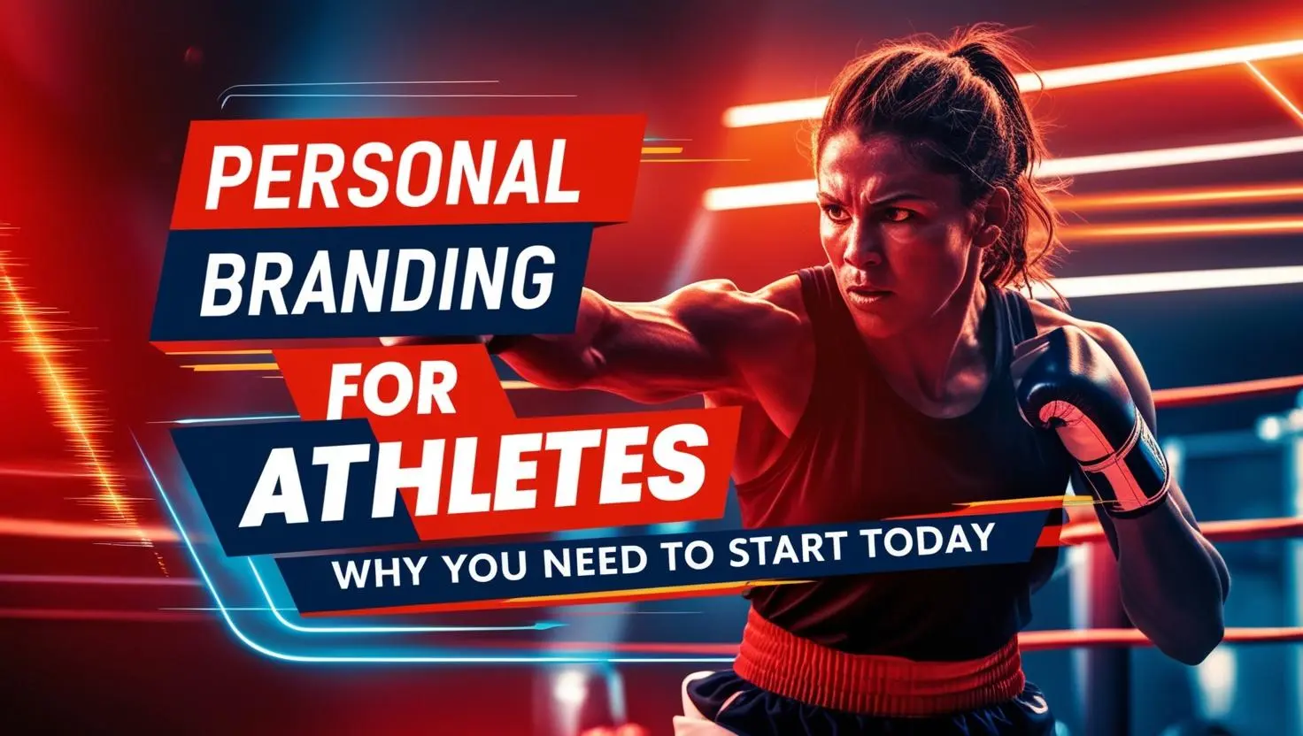 Personal Branding per Atleti – Perché Iniziare Oggi Atleta determinata in azione sul ring, con grafica dinamica e testo "Personal Branding per Atleti – Perché Devi Iniziare Oggi". Immagine motivazionale per il branding sportivo.