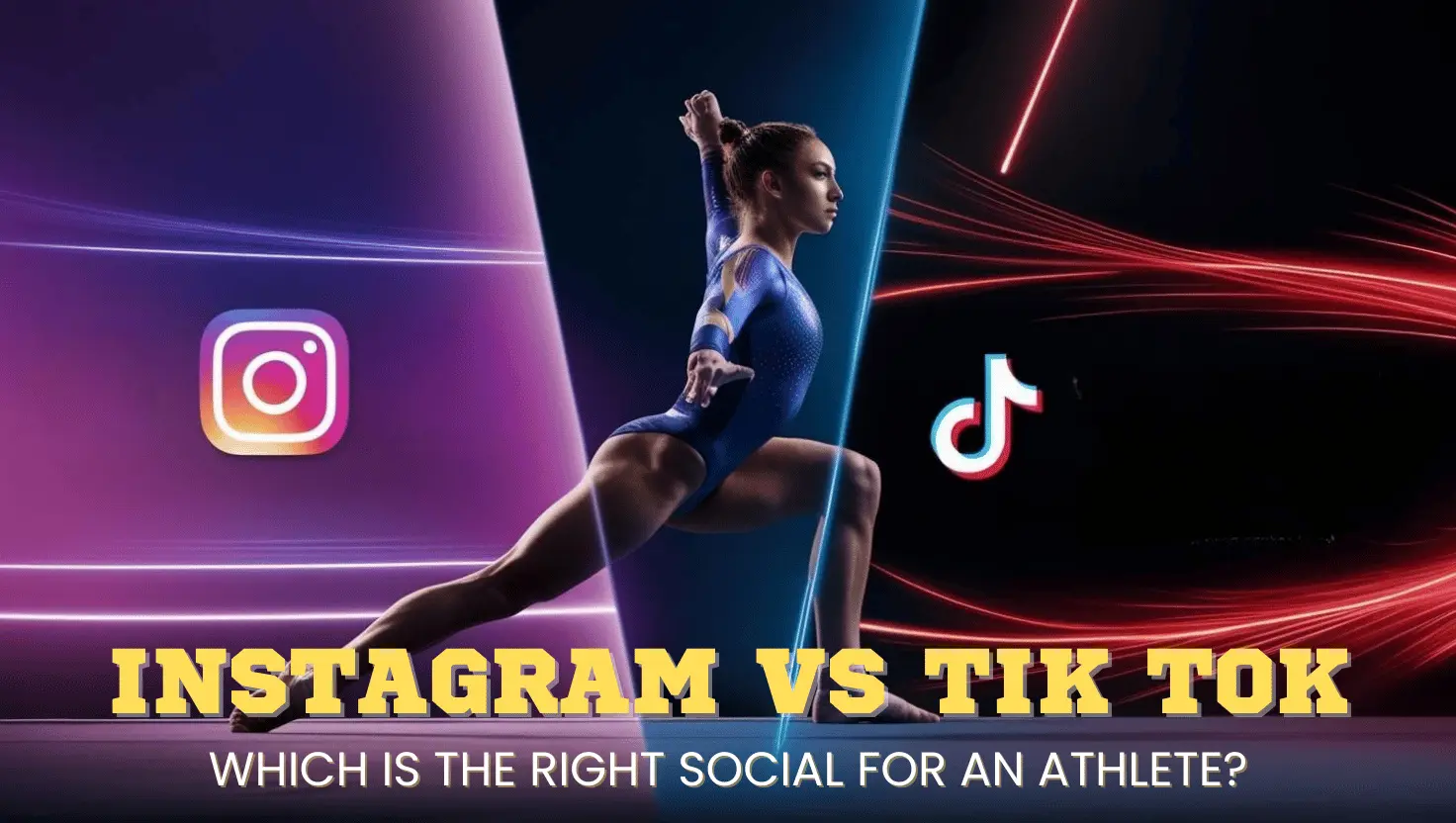 Instagram vs TikTok: Qual è il Social Perfetto per un Atleta? Un’atleta in posa tra due mondi digitali, con Instagram a sinistra e TikTok a destra. Immagine rappresentativa della scelta tra i due social per il personal branding sportivo.