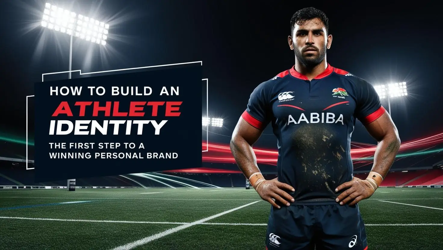 Rugbista determinato su un campo illuminato, con la divisa sporca di fango, rappresenta la forza e l’identità di un atleta. Grafica dinamica con titolo dell’articolo.