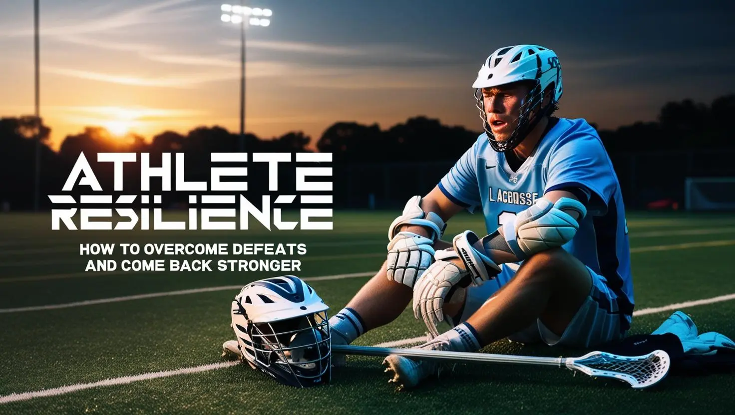 Resilienza da Atleta: Come Superare le Sconfitte e Tornare più Forte Giocatore di lacrosse seduto sul campo al tramonto, visibilmente provato ma determinato a rialzarsi, simbolo di resilienza sportiva.