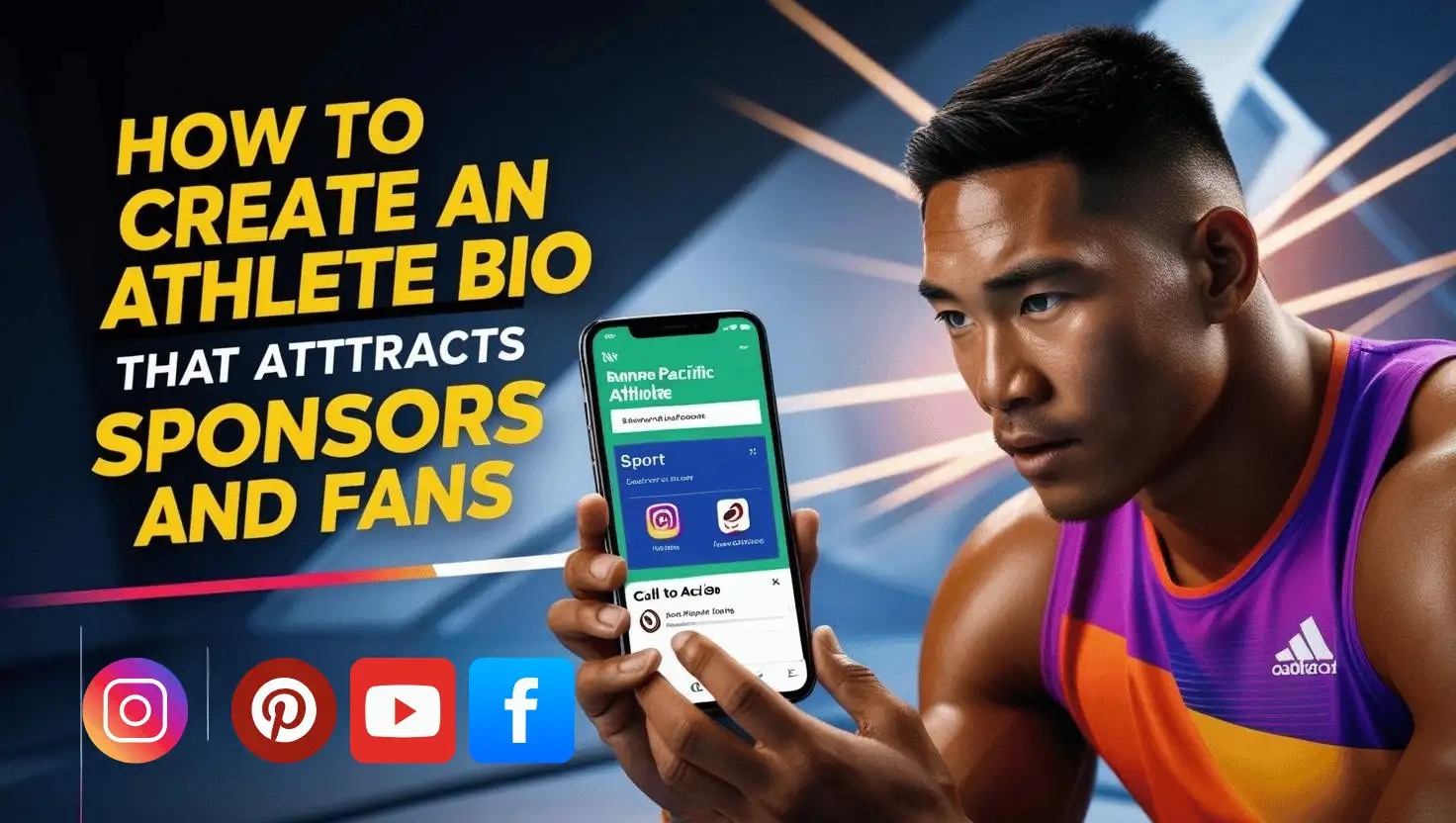 Athlete Bio Mastery: How to Attract Sponsors and Fans A focused athlete optimising his social media bio on a smartphone to attract sponsors and fans. Social media icons like Instagram, YouTube, and Facebook in the background.