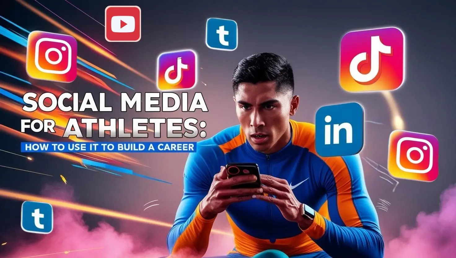 Un atleta concentrato utilizza lo smartphone, circondato da icone di social media come Instagram, TikTok, YouTube e LinkedIn, rappresentando la costruzione della sua carriera online.