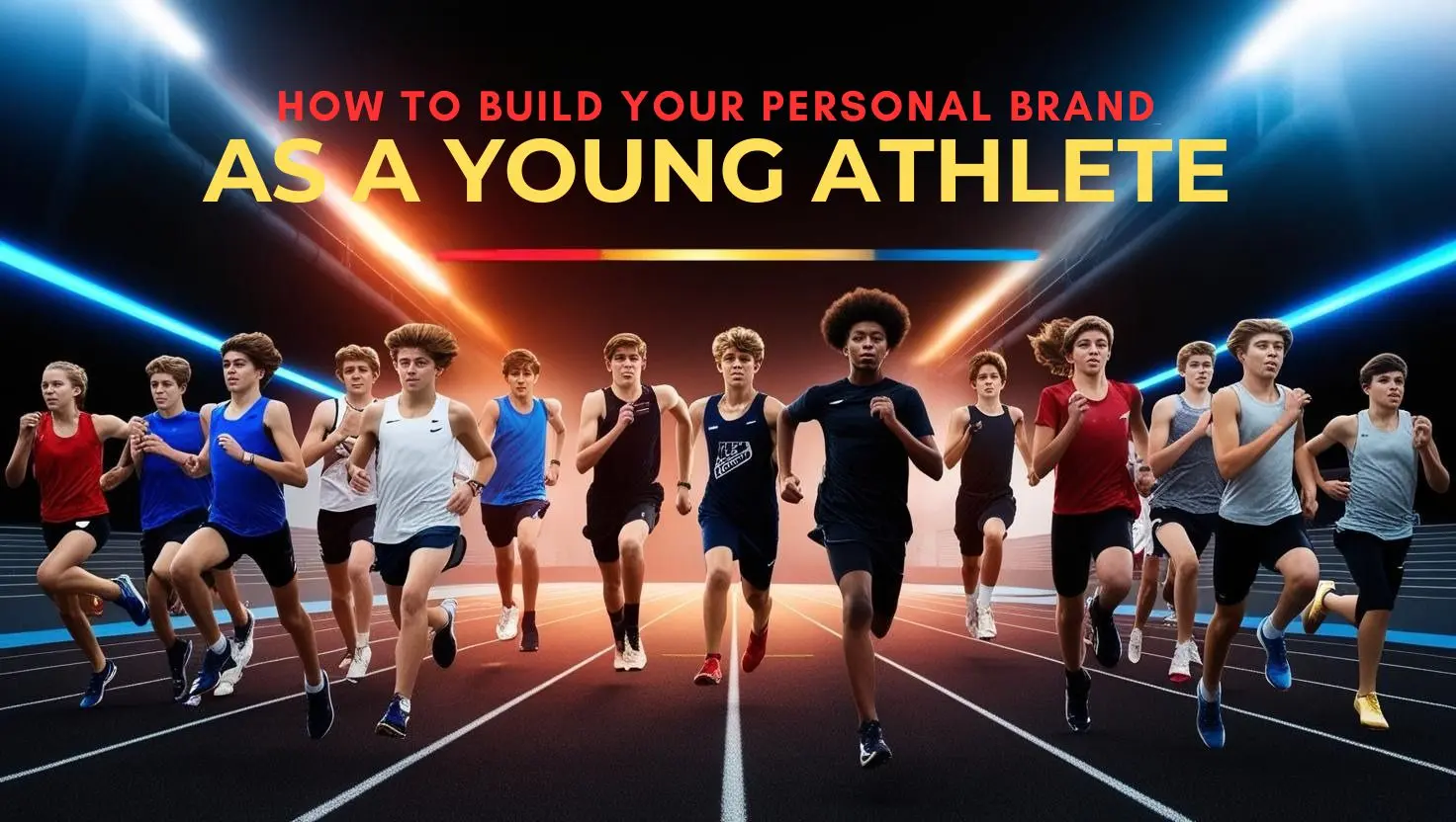 Costruisci il Tuo Brand da Atleta: Parti Ora, Anche se Hai Meno di 18 Anni Gruppo di giovani atleti in corsa su una pista con luci energiche sullo sfondo, simbolo di crescita e determinazione sportiva.