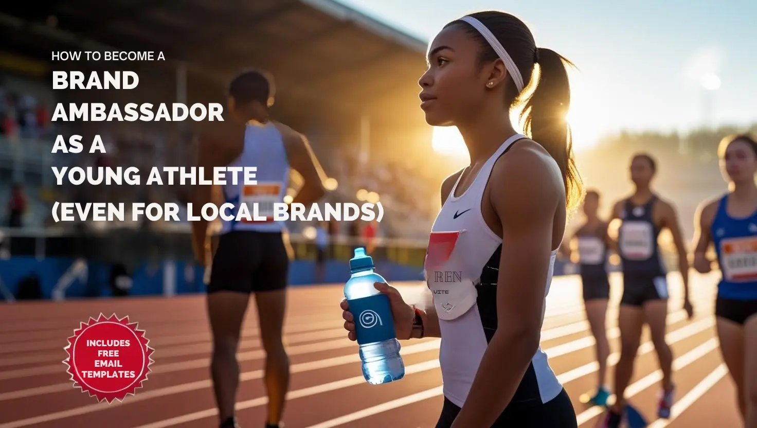 Diventa Ambassador da Giovane Atleta: Inizia dalle Collaborazioni Locali Giovane atleta donna su pista di atletica al tramonto con borraccia brandizzata in mano. Testo in sovraimpressione sul diventare ambassador sportivo per brand locali.