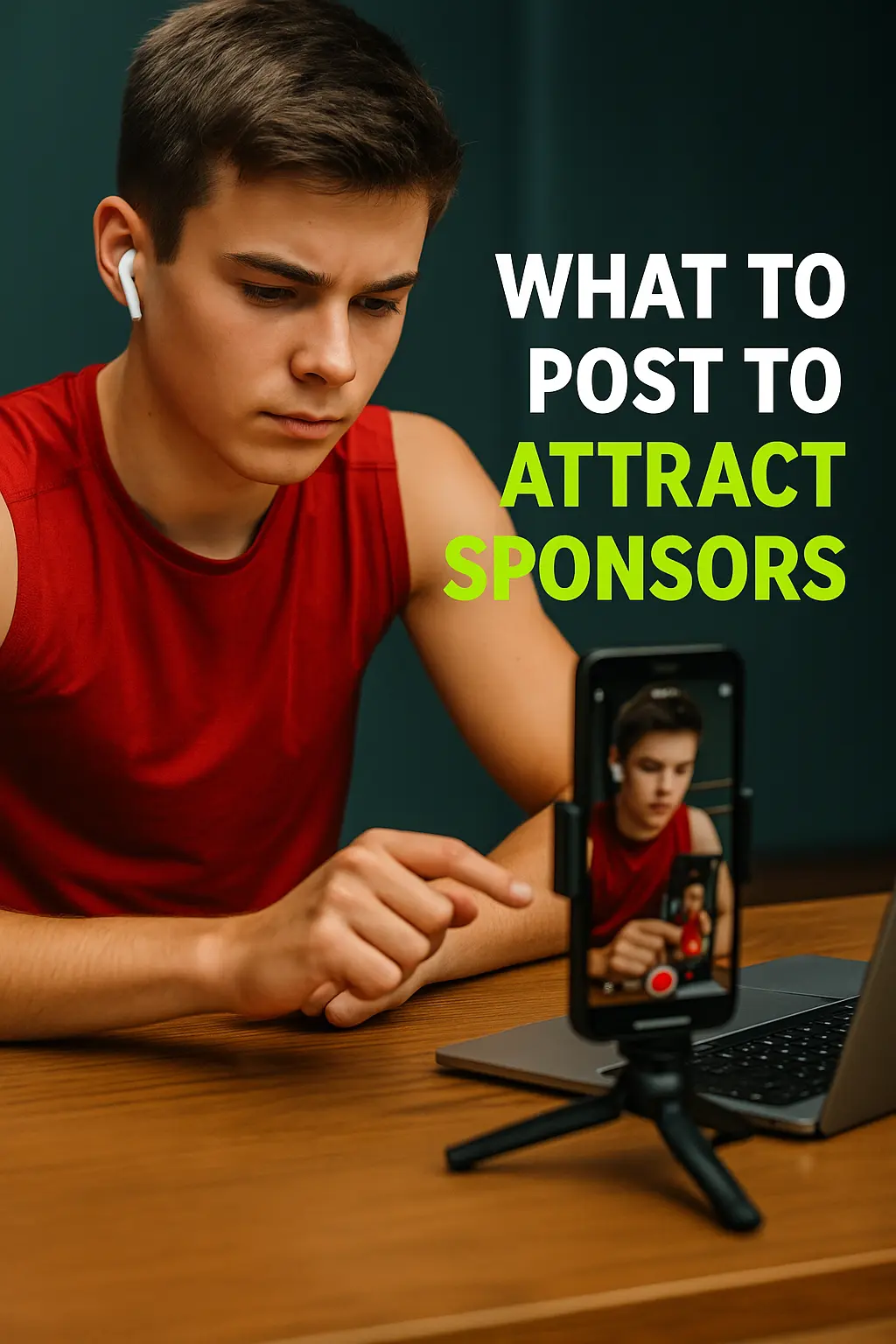 Cosa Pubblicare per Attirare Sponsor: Esempio di Atleta Digitale Giovane atleta con canotta rossa registra un video con lo smartphone mentre monta contenuti su laptop. Testo motivazionale su come attrarre sponsor con i contenuti giusti.