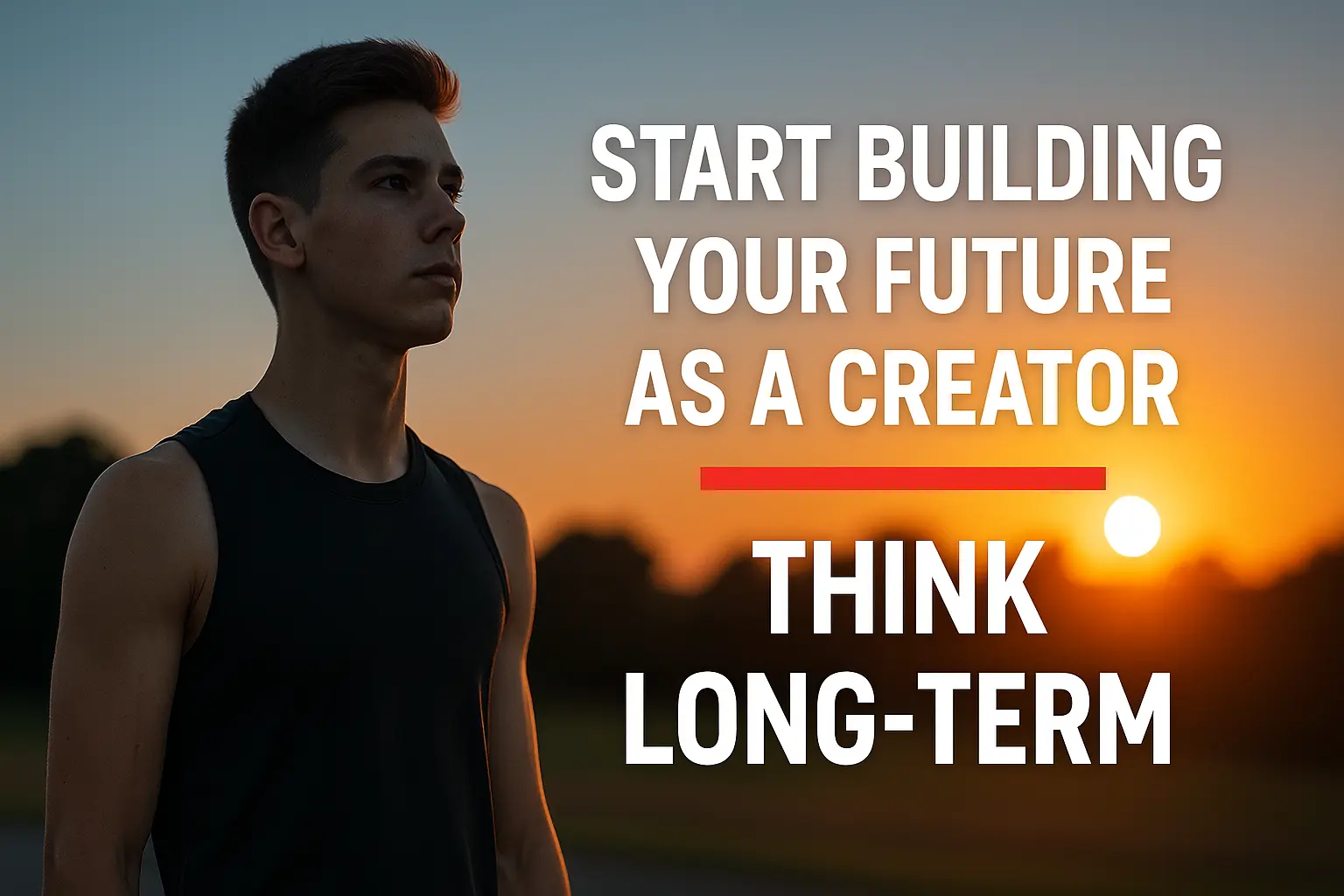 Costruisci il Tuo Futuro da Creator: Pensa a Lungo Termine Giovane atleta in canotta nera guarda avanti al tramonto con frase motivazionale su come iniziare a costruire il proprio futuro da creator nello sport.