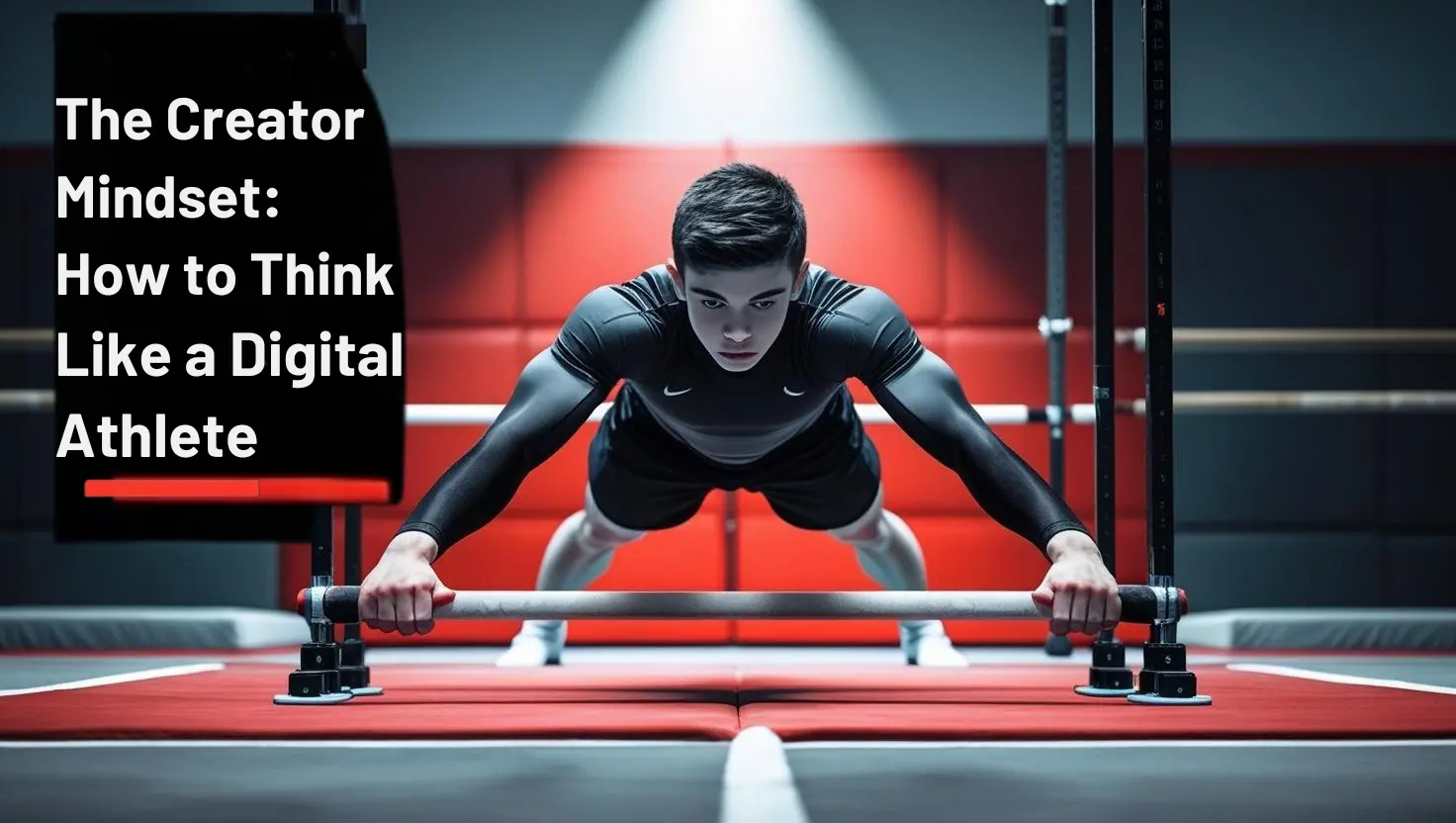 Il Mindset da Creator: Ragiona da Atleta Digitale e Fatti Notare Giovane ginnasta esegue un front lever in palestra con grafica motivazionale sul mindset digitale per atleti.